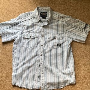 Harley Davidson Genuine Motorclothes- lt blue- white striped shortsleeved shirt